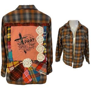 Christian Flannel Shirt Womens Size M Shacket Pray Cross Grunge Country Upcycled